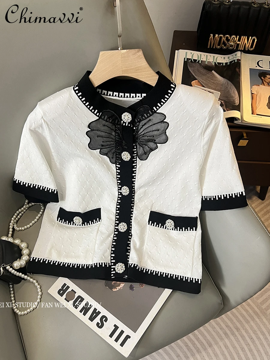 

Fashion Short Sleeve T-shirt Women's Summer New Fashion Single-Breasted Socialite Elegant Contrast Color Ice Silk Knitted Top