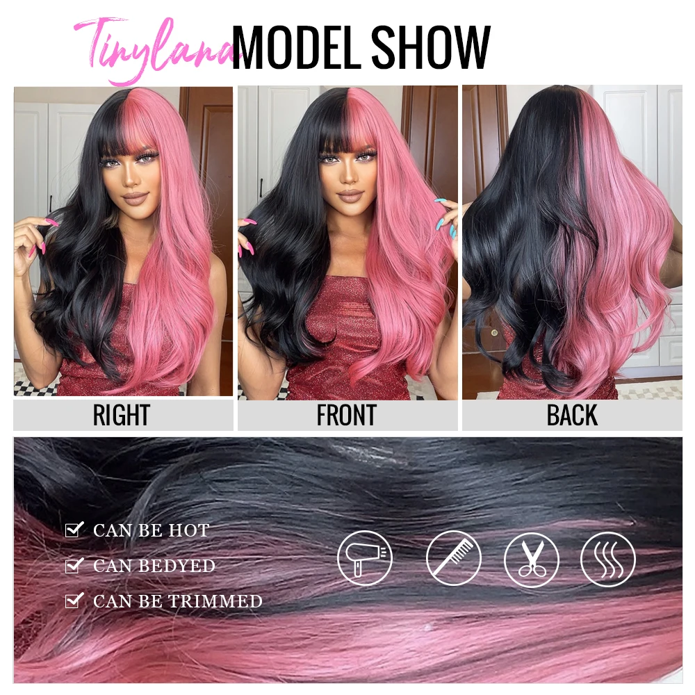 Pink and Black Long Wavy Synthetic Hair Wigs with Bangs Cosplay Christmas Halloween Hair Two Tone Wig For Women Heat Resistant