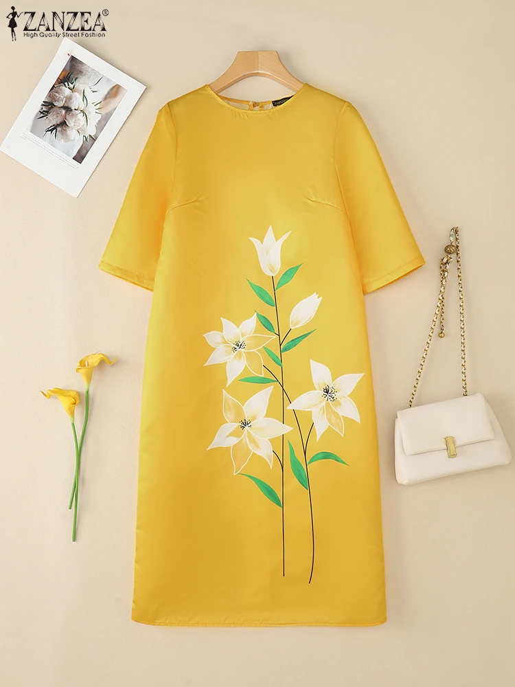 ZANZEA エレガントサテンミディドレス女性カジュアル O ネック 3/4 スリーブ花柄ローブファム 2025 秋ルーズ通勤 Vestidos
