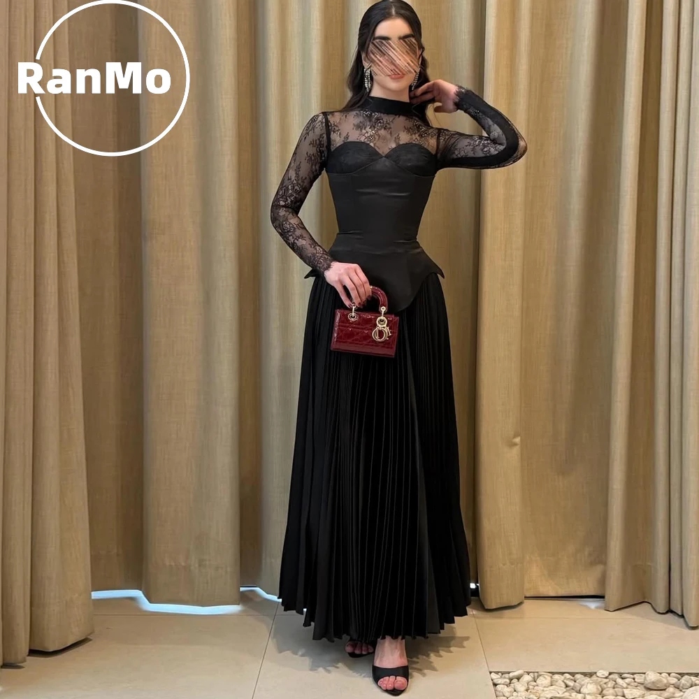 

Ranmo A-line Luxurious Women's Evening Dresses for Special Occasions Customized Black Lace Satin Crumpled Elegant Party Dresses
