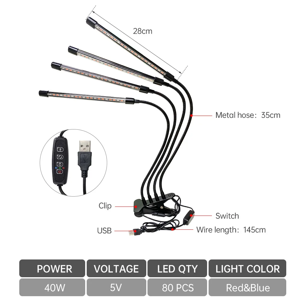 Interior Full Spectrum LED crescimento vegetal luz, quatro suplementos vegetais verdes, flor carnuda, USB