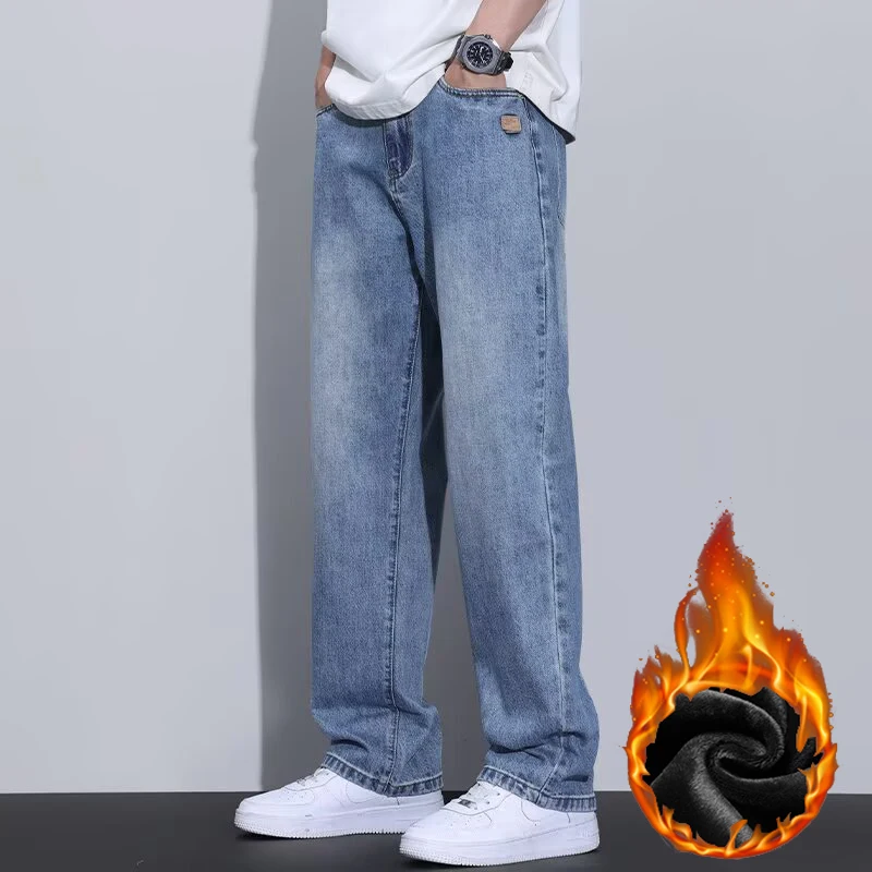 

2026 Winter New Men Fashion Vintage Jeans Male Thickened Warm Wide Leg Denim Pants Trend Versatile Straight Leg Trousers