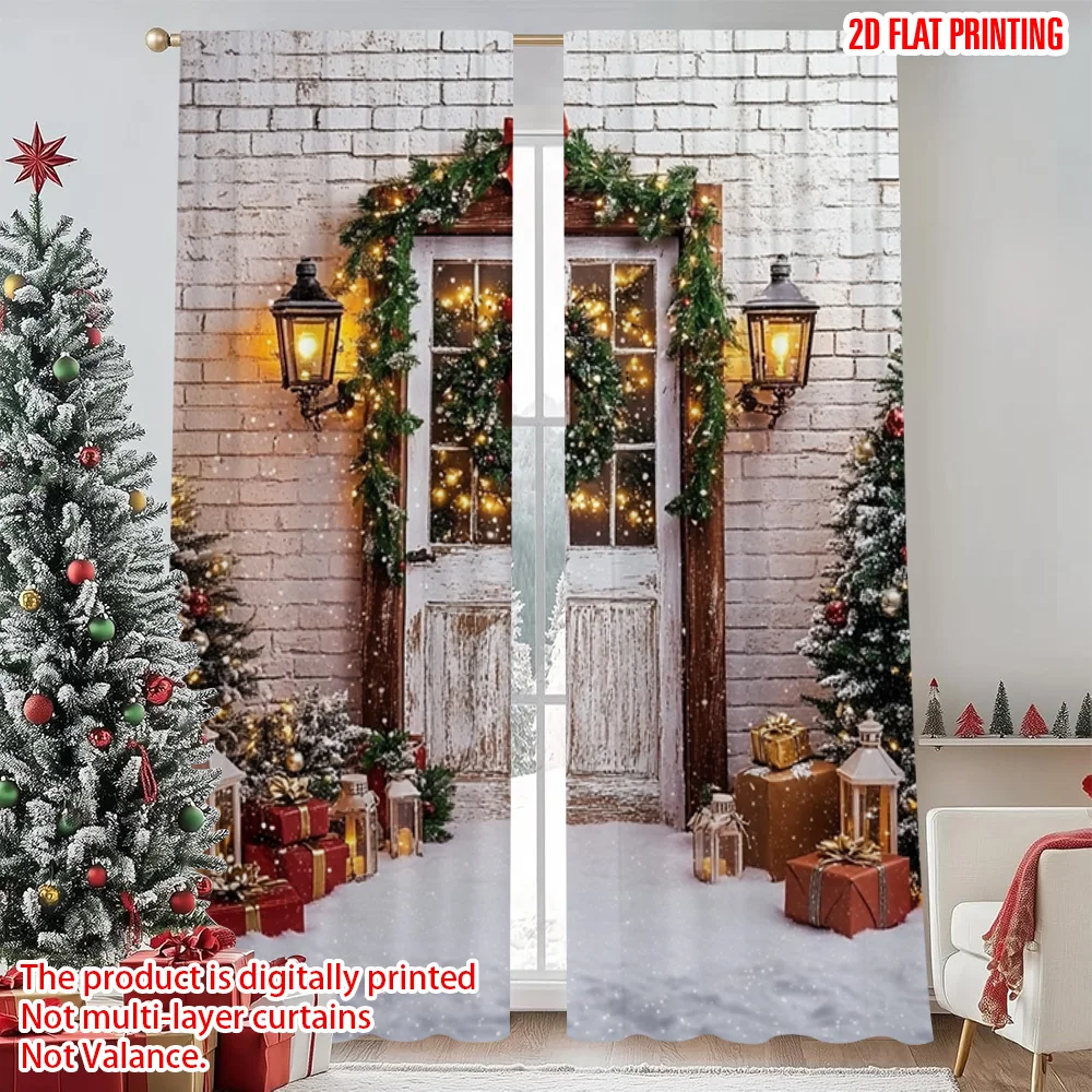

2pcs 2D flat printing Christmas Window Drapes Holiday tree and wreath Machine Washable Fabric Without Electricity Party