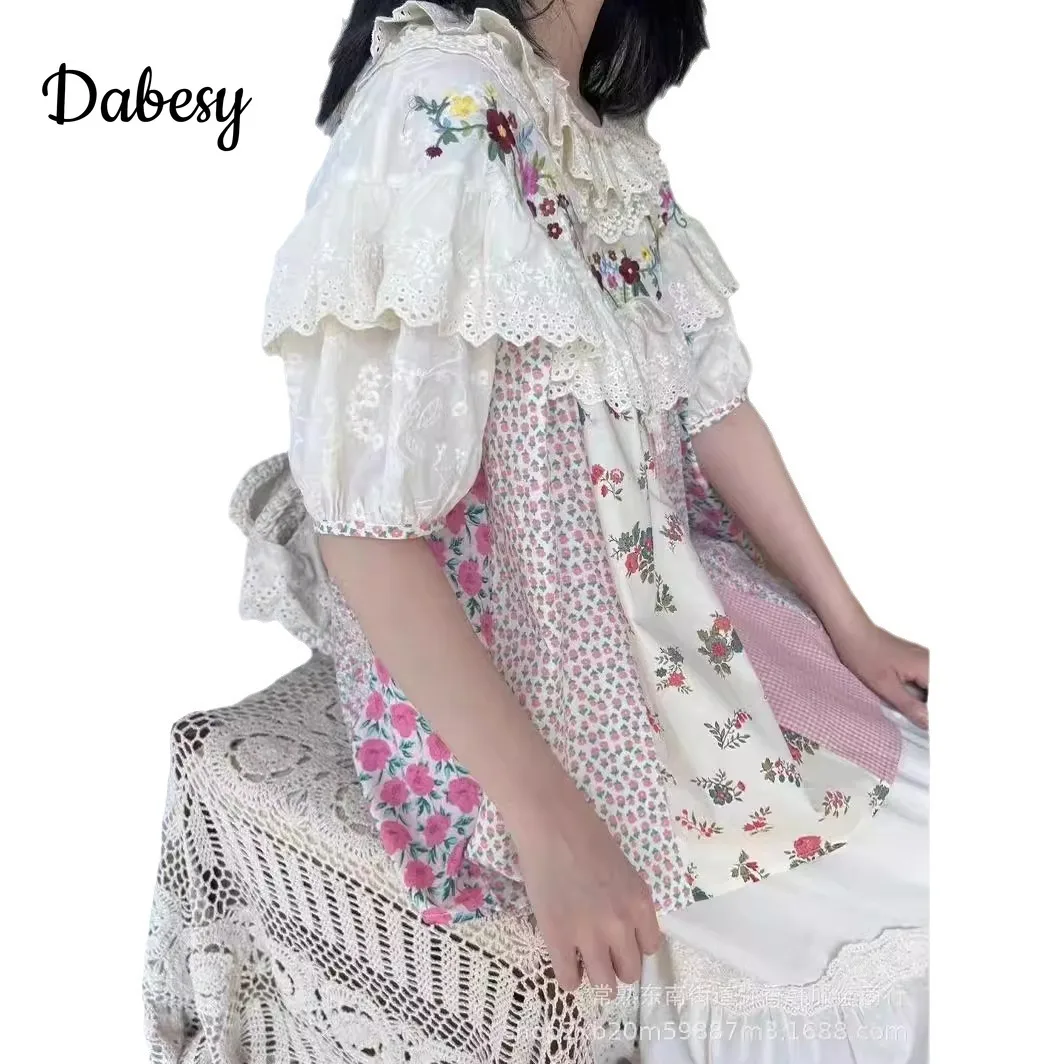 Vintage Embroidery Lace Ruffled lolita clothing Women Mori Girl Patchwork Flower Shirt Sweet Puff Sleeve Kawaii Cotton Linen Top