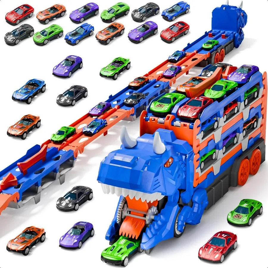 

Toddler Car Truck Toys Gifts for 3 4 5 Years Old Boys Toy Cars Track Set Dinosaur Transport Truck with 12 Pcs DieCast Cars Toys