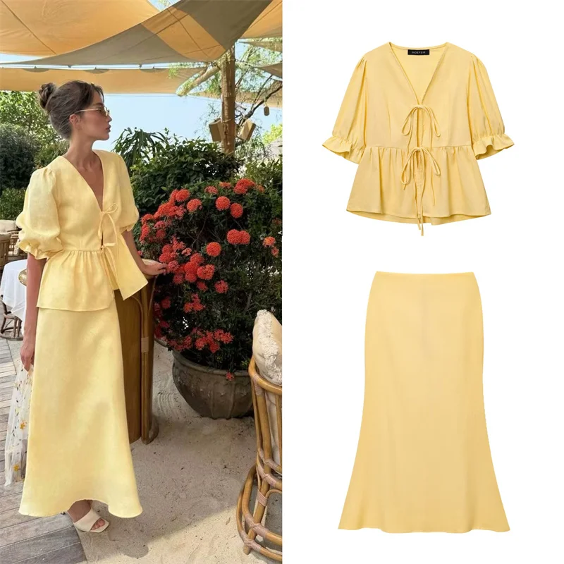 

Women's Suit New Summer 2025 Yellow Short Sleeve Strappy Bubble Sweater Top Mermaid Skirt Set Casual and Fashionable