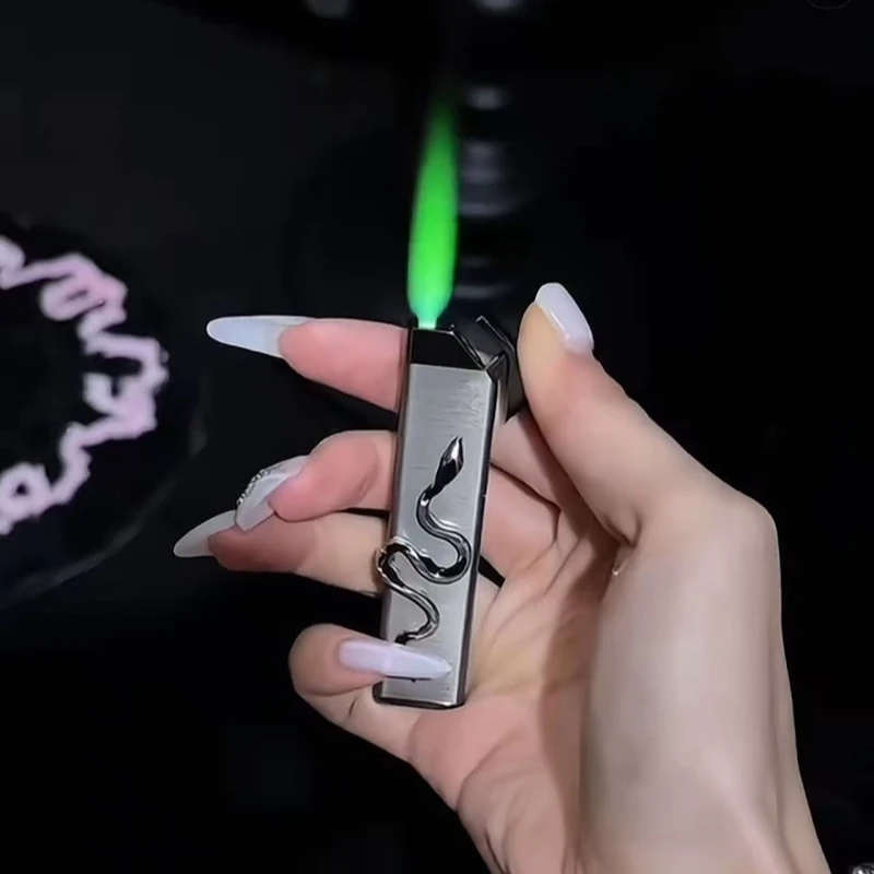 

High End Design Metal Inflatable Lighter, Fashionable Windproof Direct Spray Green Flame Outdoor Portable Lighter Smoking Gift