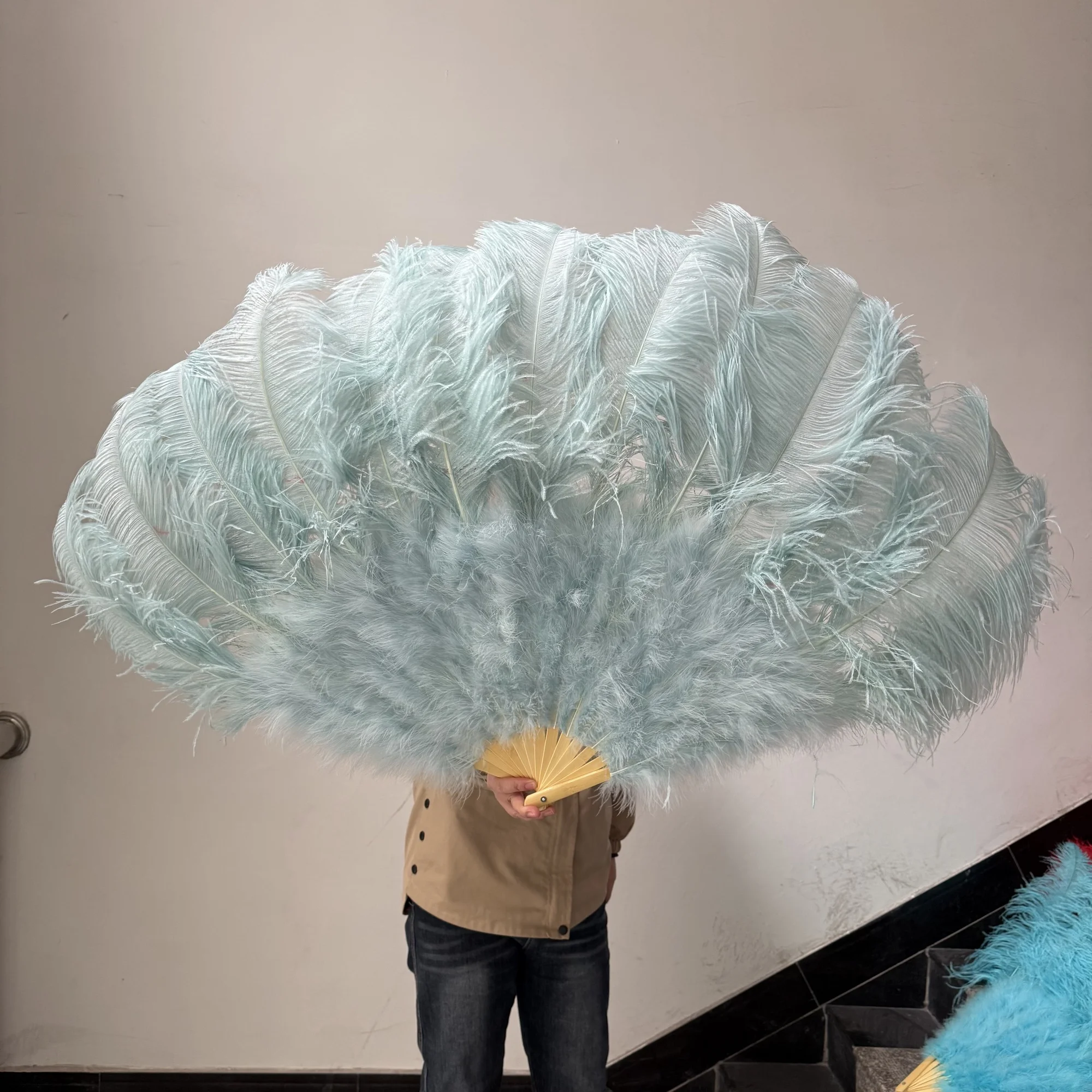 Blue Fluffy Ostrich Feathers Fan 75*130CM/60*90CM 13 Bone Handheld Fan Festival Stage Performance Props Dance Accessories 1-2PCS