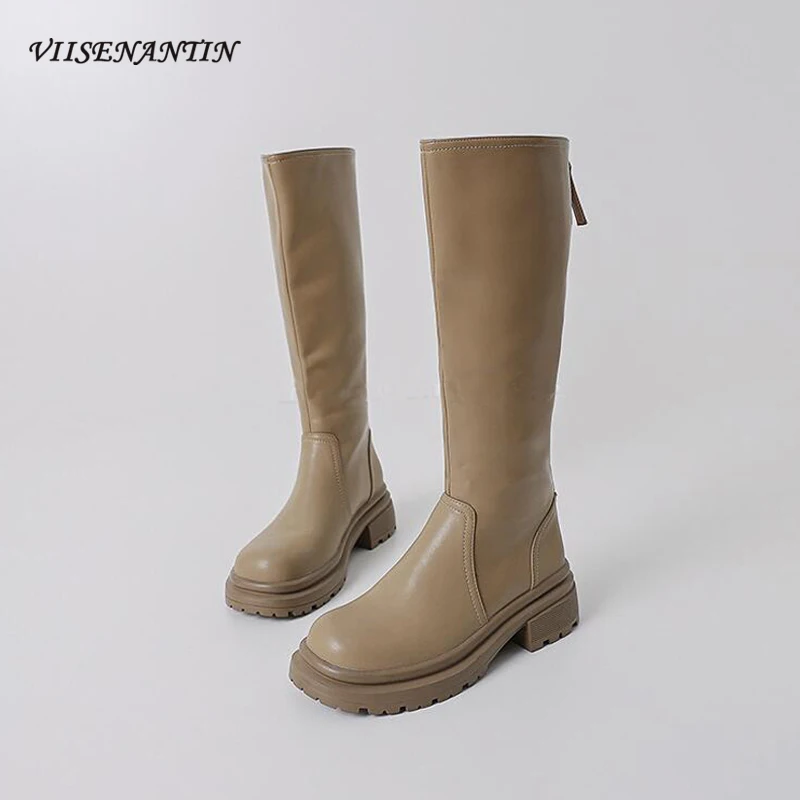 

New Arriaval Thick Sole Round Toe Women Knee High Boots High Quality Genuine Leather Zippers Simple Handsome Knight Boots Female