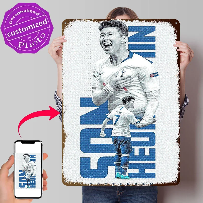 Pôster 3D Texturizado Son Heung-min Tottenham, Placa de Metal Vintage Personalizada para Decoração de Parede e Quarto Gamer em Casa
