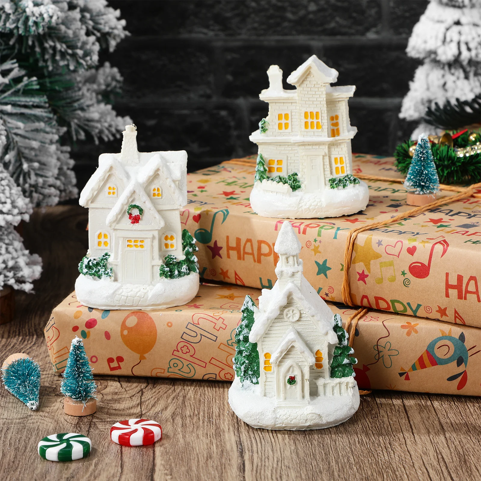 

3Pcs Mini Resin Christmas Village Houses Lighted Miniature Holiday Decor Tabletop Xmas Gifts Micro Landscape Lighting