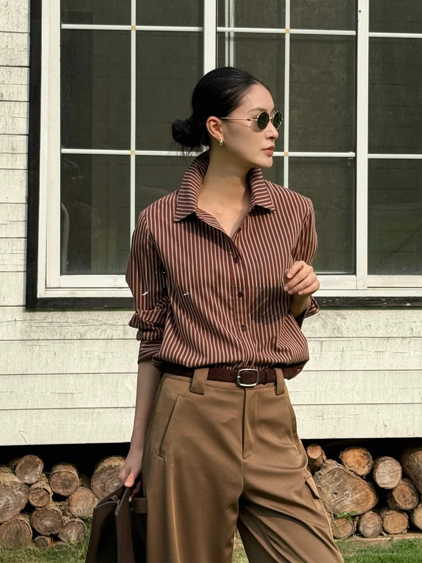 

Весенняя винтажная рубашка Jieji Zhang в полоску из чистого хлопка с длинным рукавом, универсальная верхняя одежда, повседневная свободная женская модная одежда