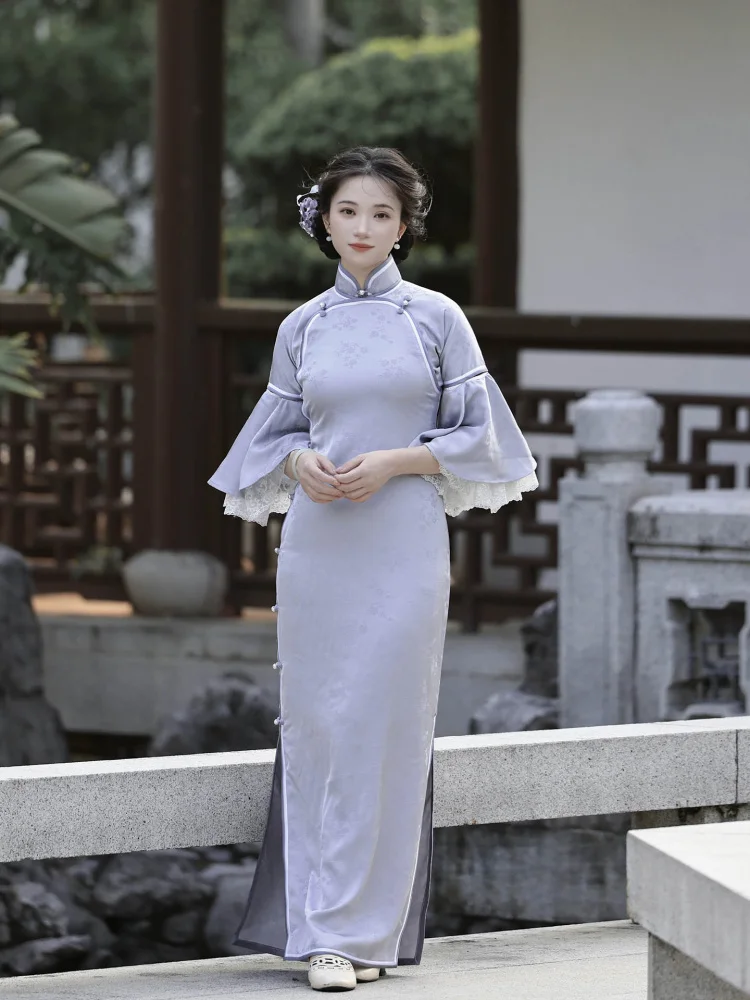 

Винтажное длинное платье с двойным воротником, полностью расшитое цветами, синее, приталенное, однослойное, весна-лето, полиэстер