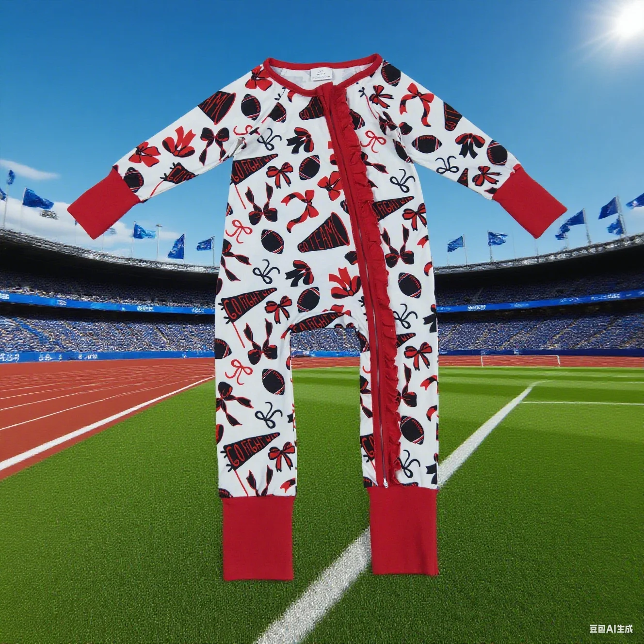 

9.4y Baby Girls Romper Football Horn Bow Pattern Red Lace Zipper Long Sleeve Onesie Wholesale Baby Clothes Rompers And Onesies