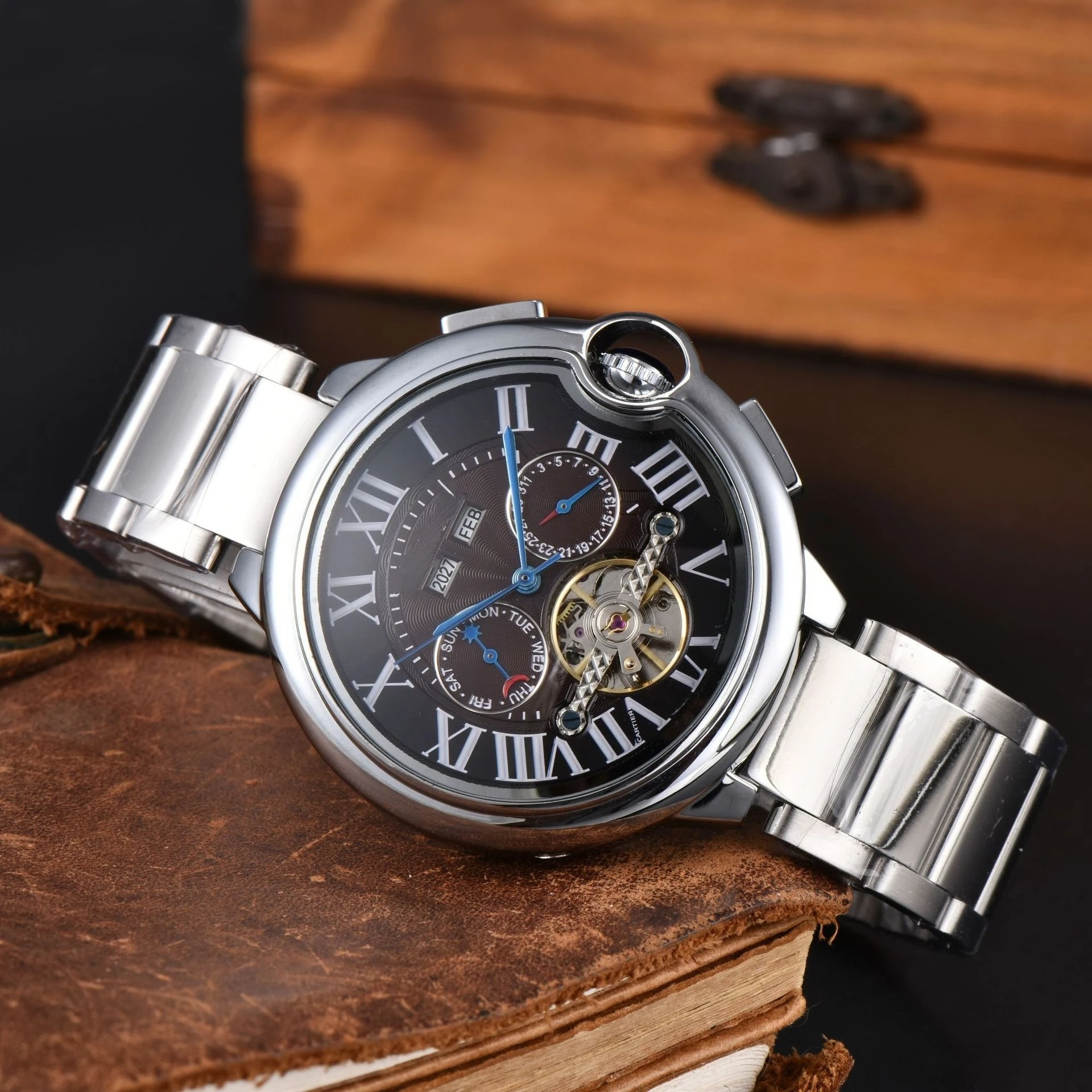 Famous Designer Brand Mens Watch Automatic Mechanical Movement with Skeleton Flywheel Luxury High Quality Steel Strap Wristwatch