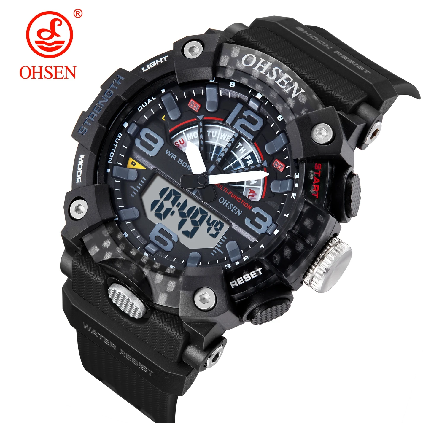 

New Ohsen Watch Sport LED Light Alarm Clock Dual Time Display Waterproof Week Fashion Man Wristwatches Quartz reloj hombre