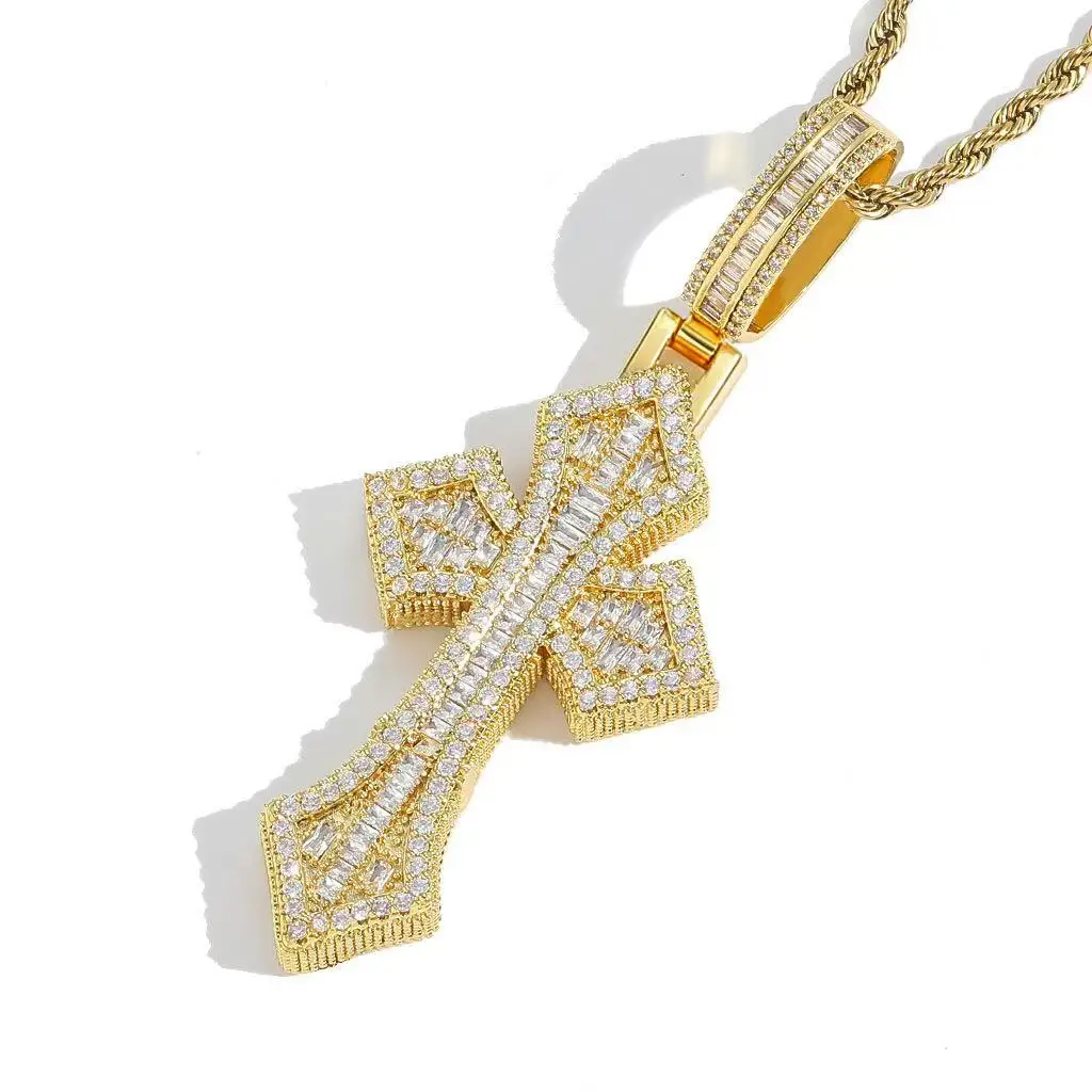 Iced Out Cross Baguettecz Cross Pendant Necklaces Iced Out Cubic Zirconia Jesus Cross Charms Fashion Jewelry for Gifts