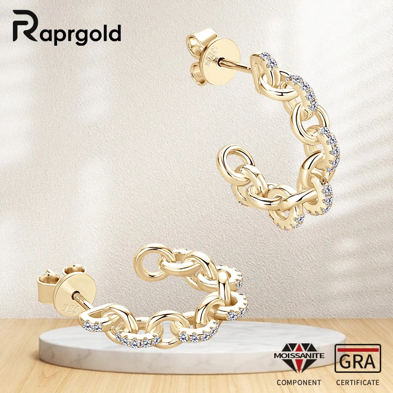 

Сертифицированные RAPRGOLD GRA серьги-гвоздики с муассанитом круглой огранки C-образной формы для женщин, стерлинговое серебро 925, ювелирные изделия, подарок