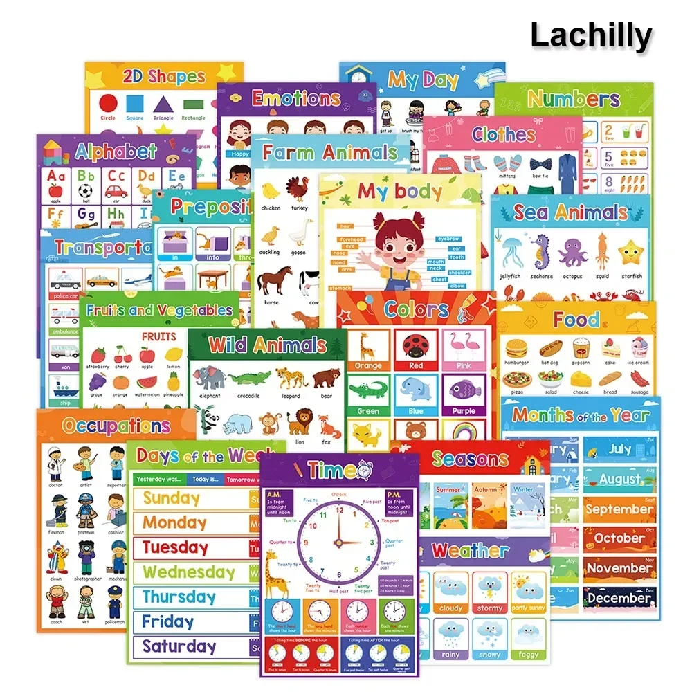 Lachilly 20 Themes Learning English A4 Poster for Kids Fruit Color Animal Body Big Card Baby Learning School Classroom Decora