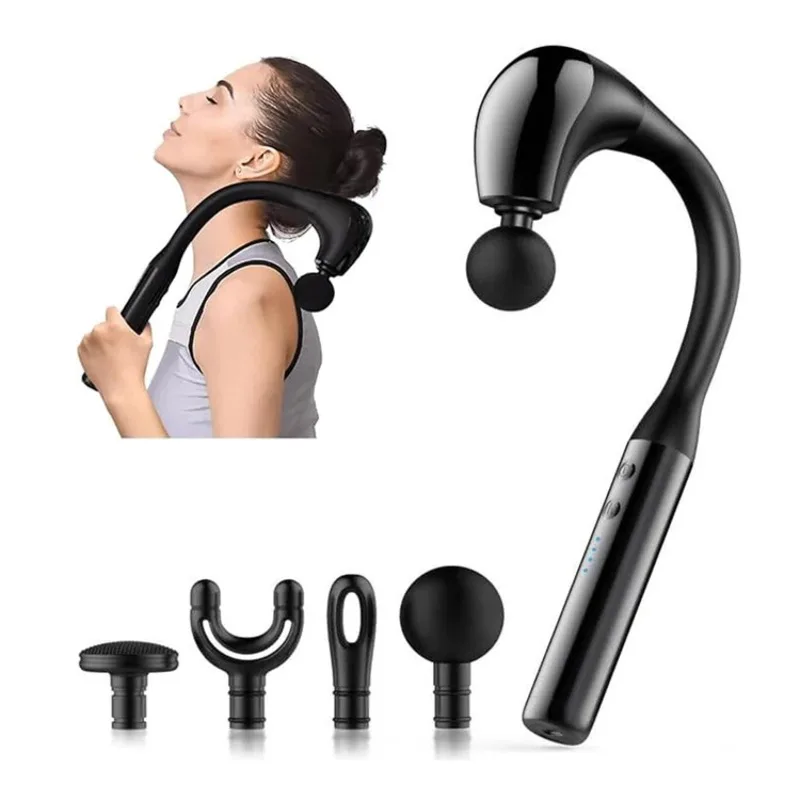 Handheld Portable Body Deep Tissue Curved Handles Back Massage Gun with 4 Massage Heads Adjustable Intensity Massage Hammer