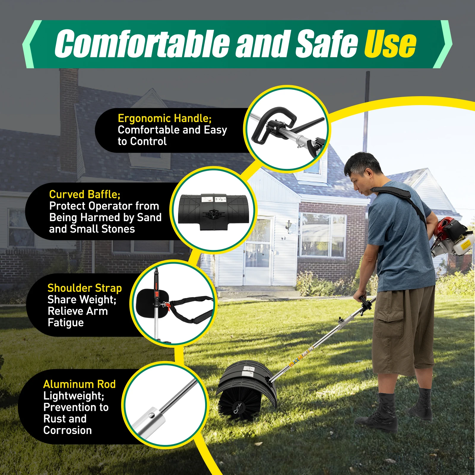 

52CC 2-Stroke Handheld Power Broom 1.25 kW Air-Cooled Petrol Motor Sweeper Broom For Cleaning Lawn Walkways Garden Lawn Snow
