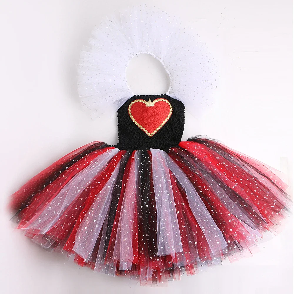 Glitter Red Queen of Hearts Costume for Girls Halloween Carnival Party Clothes Wonderland Cosplay Kids Fancy Tutu Princess Dress