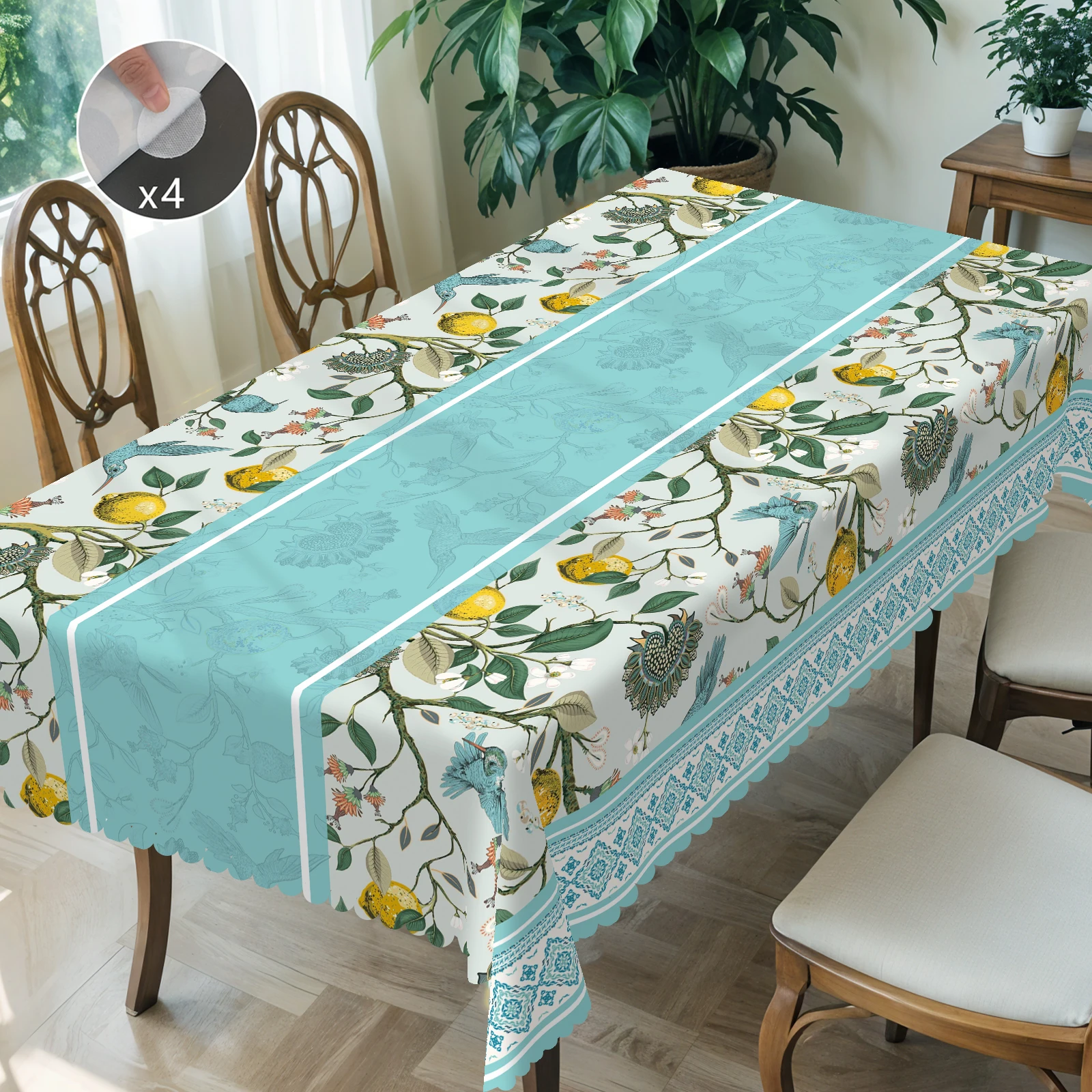 Fresh Vintage Style Tablecloth, Classic Retro Floral Design, Lifelike Hummingbirds Perching on Branches, Vibrant Lemons, Embossed Edges, Waterproof, Wrinkle-Resistant, Fade-Resistant, Suitable for Rectangular and Round Dining Tables, Home Kitchen Living Room Dining Table Balcony Coffee Table, Holiday Party Decoration, Outdoor Picnic Decoration, Tea Table Decoration, Perfect Gift, Spring, Summer, Autumn, Winter Decoration Comes with 4 Anti-Slip Stickers. P-084