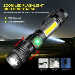 Built-in Battery LED Flashlight USB Rechargeable Torch Waterproof Zoom 5 Modes Flash Light Magnetic Attraction Outdoor Flashligh