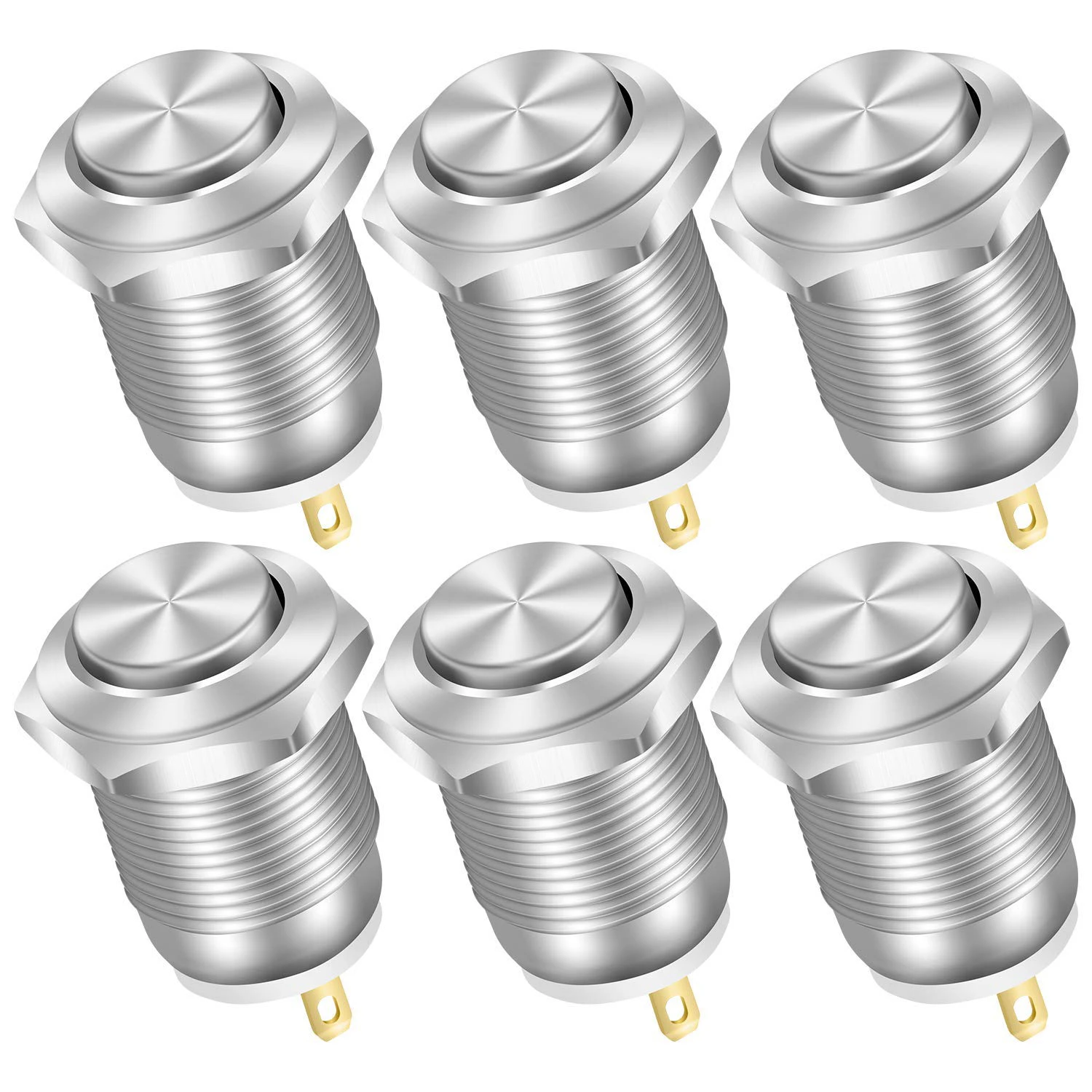 DaierTek 6PCS 12mm Momentary Push Button Switch 12V Waterproof Power Pushbutton Small Round Chrome Stainless Metal 2pin N/O