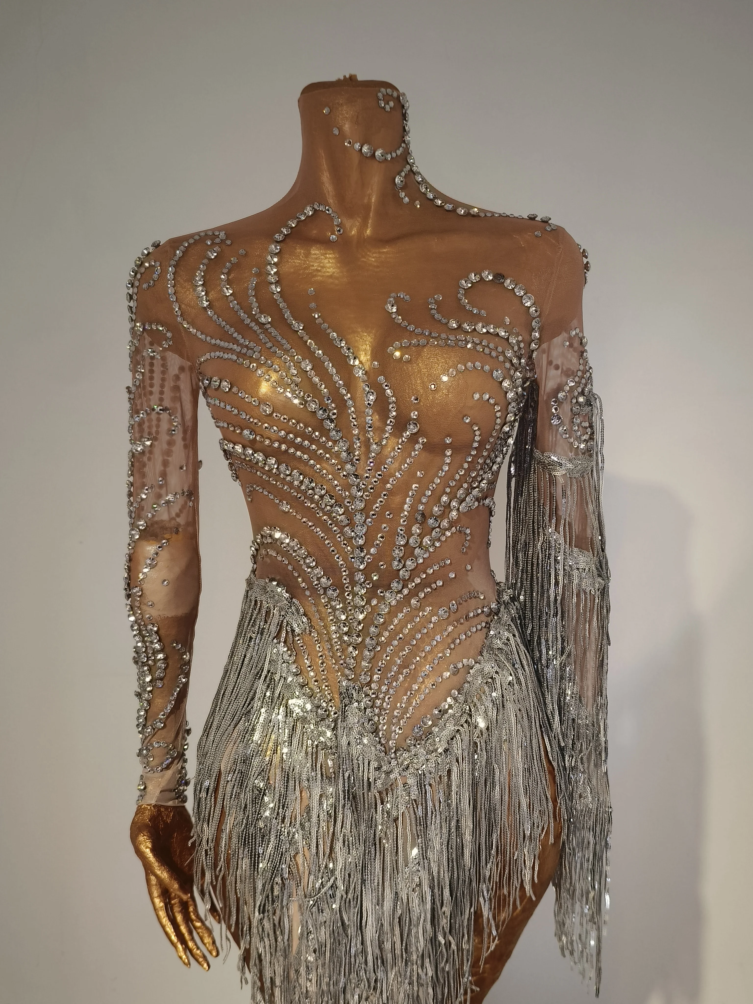 Show Girl Kostüm Luxus Party OutfitSparkly Kristall Perle Frauen Sexy Quaste Bodycon High Split Feiern Prom Outfit Geburtstag D