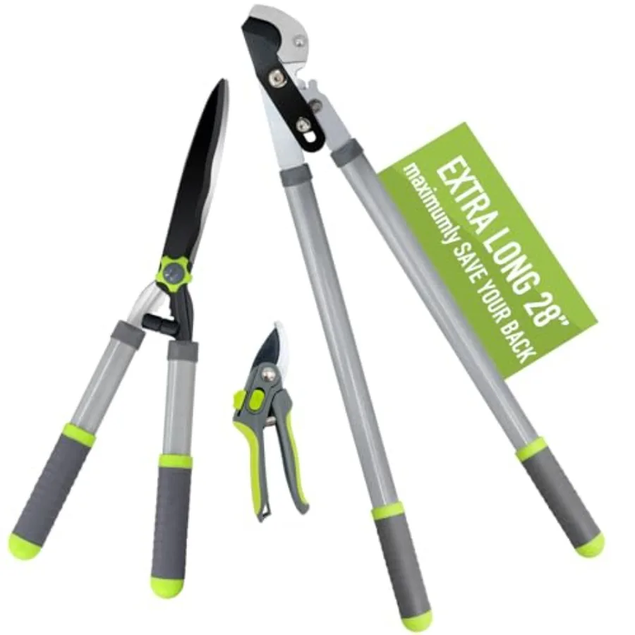 Garden Loppers Pruning Shears, Updated 3PCS Hedge Clippers Combo Set, Branch Cutter with Compound Action, Chops Thick High Bran