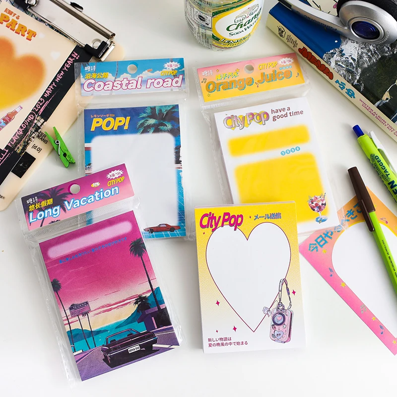 80Pcs Retro Summer City Pop Memo Pad Collage DIY Hand Account Scrapbook Message Notes Paper To Do List Notepad School Stationery