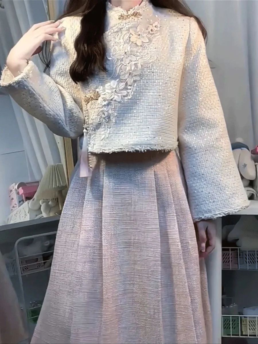 

Retro Chinese Sle Women's Outerwear Set with f Skirt Ele Fraance Sle Autumn Winter Clete Matching Ensemble