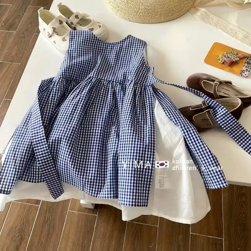 

2024 Summer Kids Dresses for Girls Cute Blue Plaid Splice Dress Toddler Girl Kawai Tank Dress Princess Dress for Girls