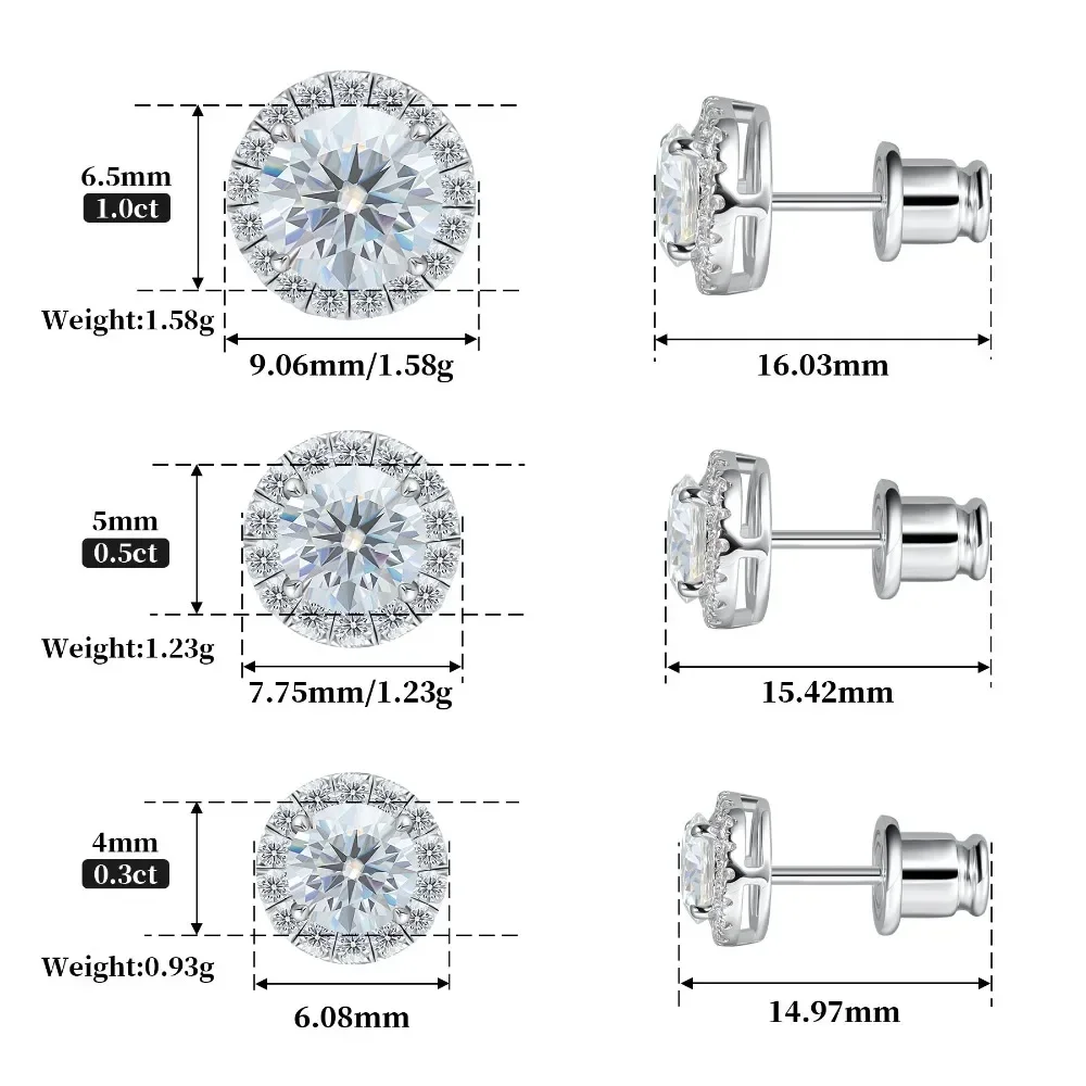 0.3-1CT D Color Moissanite Halo Earrings 925 Sterling Silver Stud Earrings for Women GRA Round Cut Lab Diamond Wedding Jewelry