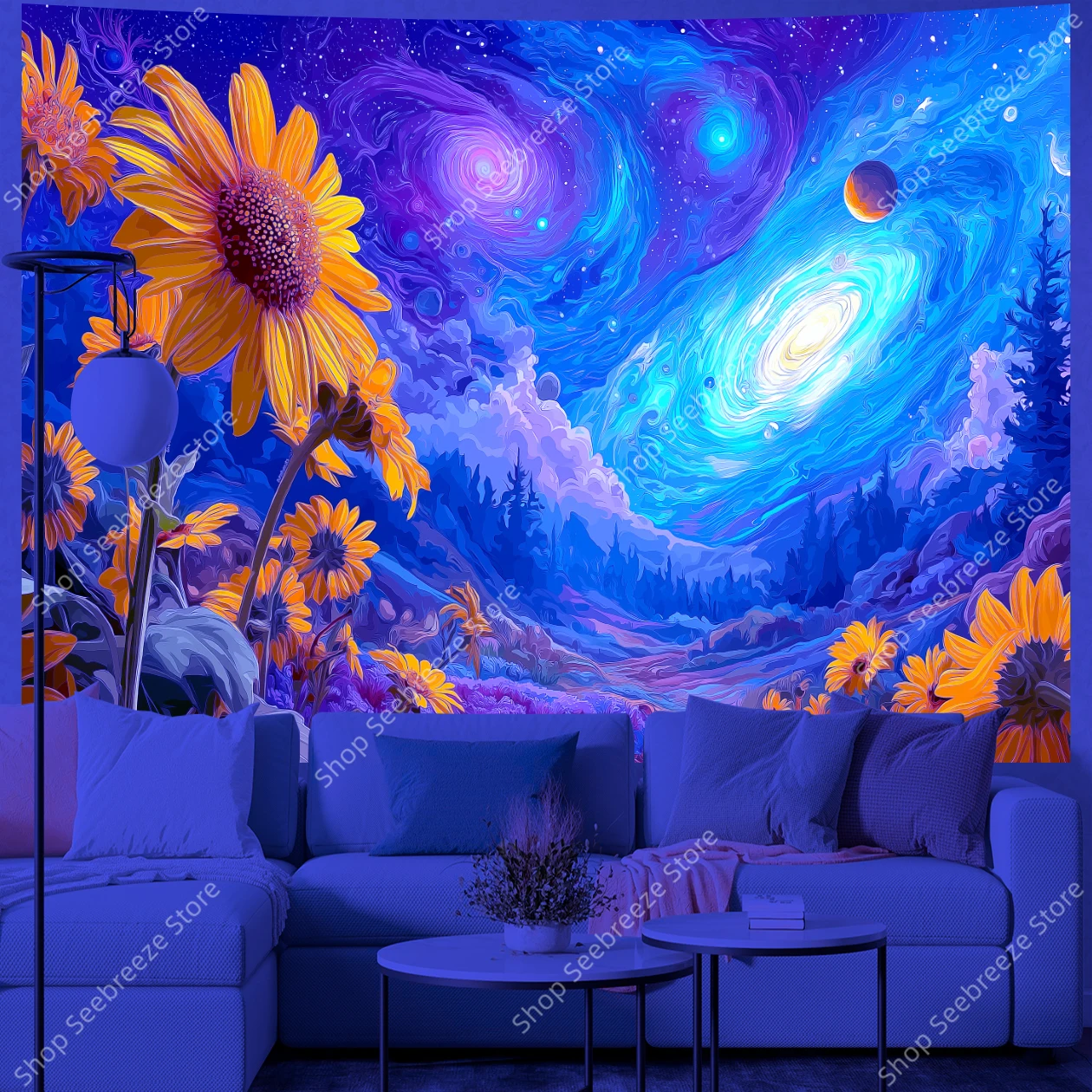 Vibrant Sunflower Field Under Magical Starry Night Sky UV Tapestry Fantasy Nature Wall Hanging for Bohemian Living Room Decor