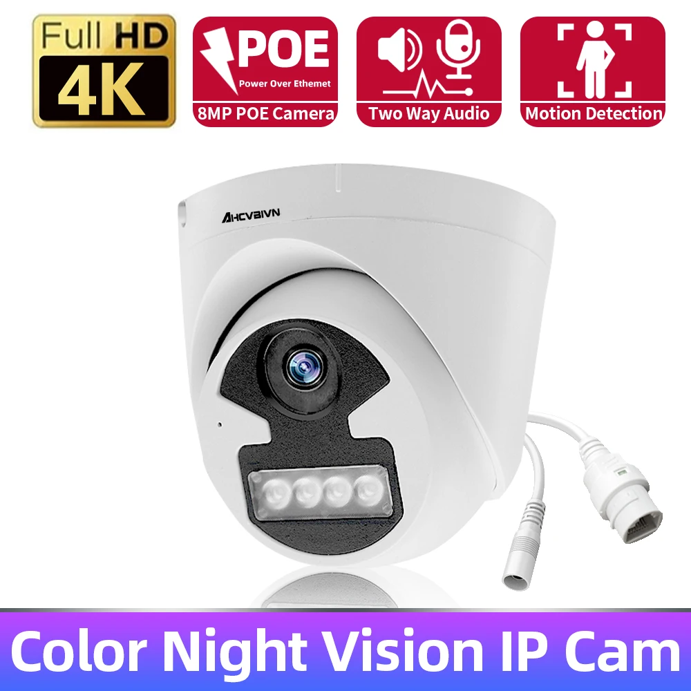 H.265 Smart AI 8MP 4k POE Camera Colorful Night Vision Two-way Audio Record Indoor Dome IP Camera for Security Surveillance Kit