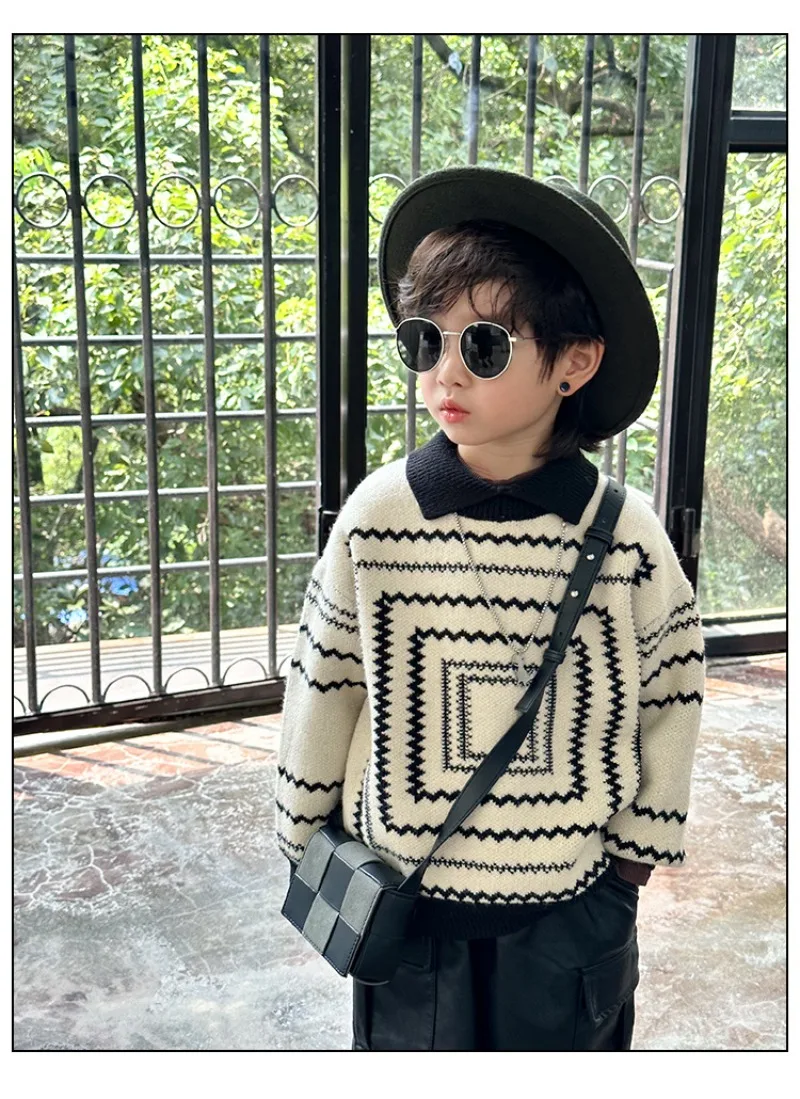 Ins Children Boys Sweater UNITIM Autumn Winter Toddler Kids Boys Polo Collar Knitwear Retro Thicken Warm 2-8Y Boys Pullovers 3