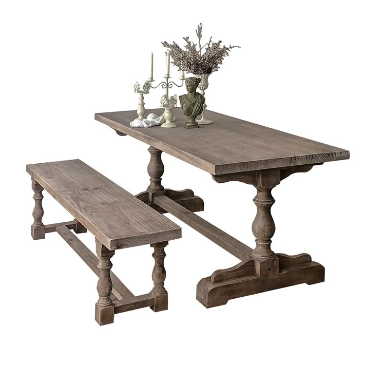 French country full solid wood  log dining European rectangular eating table large long home retro