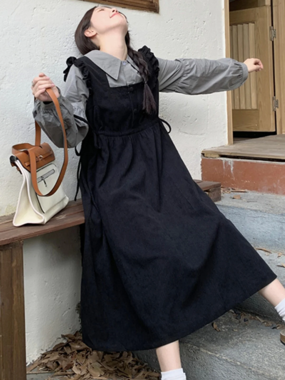 

plus Size Autumn Winter Women's Dress Waist Cinching Faux Two-Piece Doll Collar Black Dress Conceal Meat Anti-Aging Dress