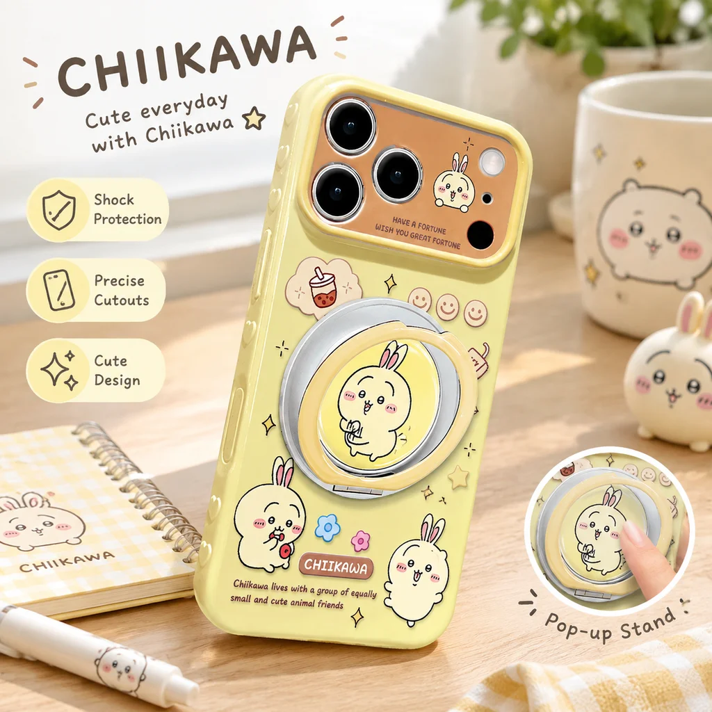 Cute Chiikawa Phone Case for iPhone 17 Pro Max 15 16 14 13 Silicone Soft Cartoon Kickstand Holder Cover Shockproof Protective