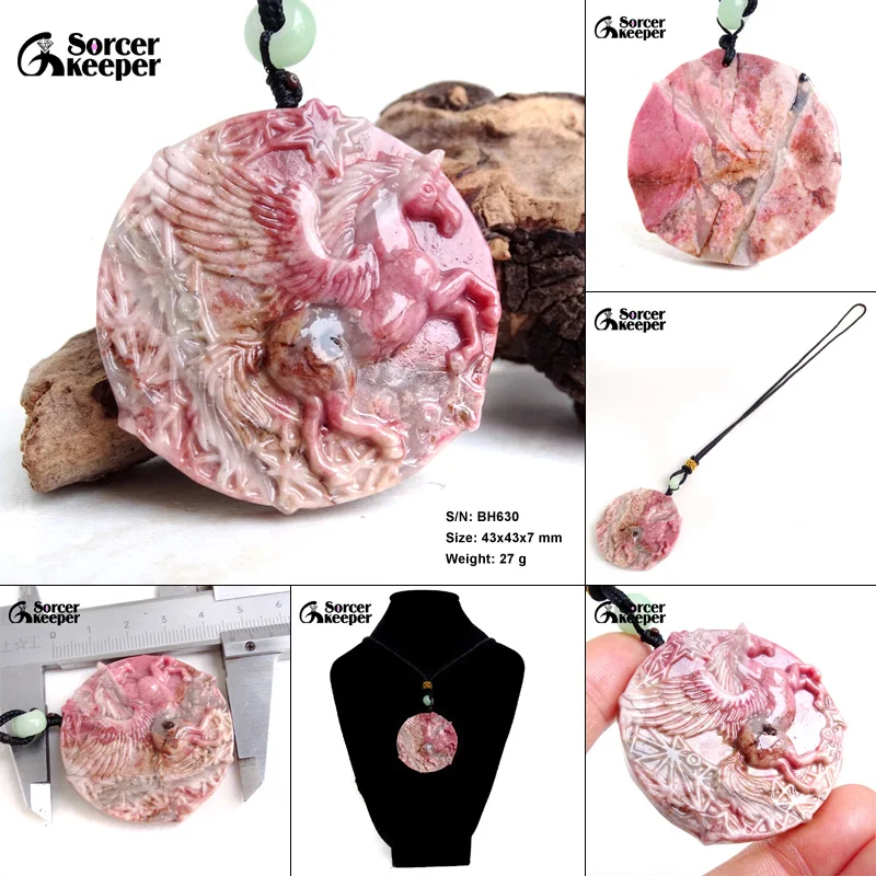 Carved Jade Unicorn Necklace Pendant Natural Rhodonite Jasper Beads Stone Fashion Charm Jewelry Amulet Gifts for Women Men BH630