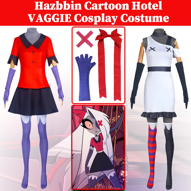 

Cartoon Hell Inn VAGGIE Cosplay Women Costume Girls Disguise Headgear Socks Dress Set Outfits Halloween Suit Female Clothes