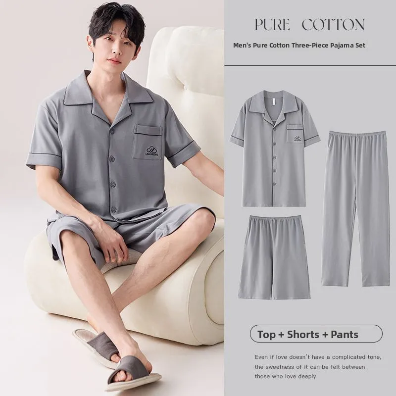 Men's Pure Cotton Sleepwear Short Sleeve Summer Home Clothes Three-Piece Set Can Be Worn outside Long Pants Comfortable Leisu...