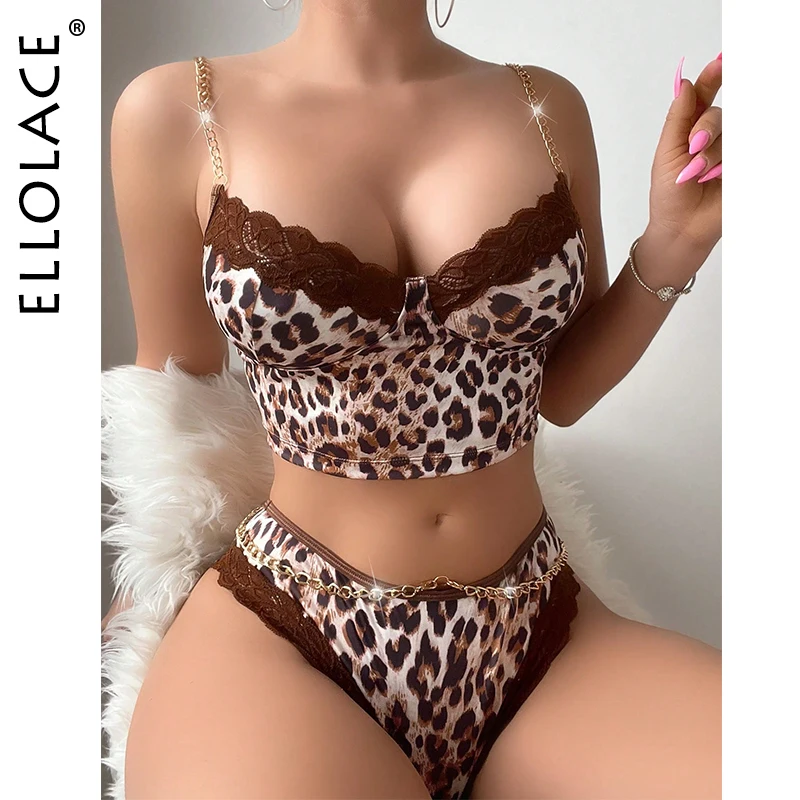 Ellolace Leopard Lingerie With Chain Strap Lace Seamless Underwear Women Comfort Home Set Fashion Sexy Outfits Brief Sets