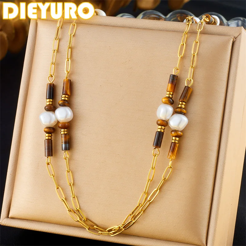 DIEYURO 316L Stainless Steel Murad Bamboo Bead String Pearl Double Necklace For Women Girl Fashion Trend Neck Chain Jewelry Gift