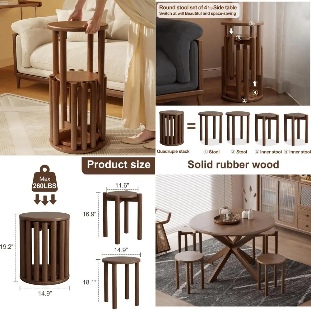 Ensemble de 4 tabourets empilables en bois, 18 pouces de hauteur, côté gigogne et tables basses, assemblage robuste et facile