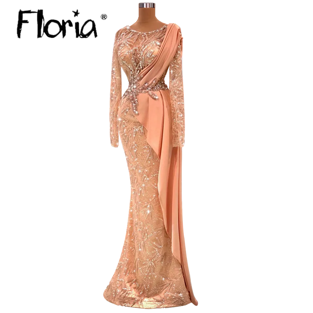 Muslim O Neck Long Sleeve Evening Dress Women Crystals Wedding Party Gowns Luxury Vestidos De Noche Plus Size Formal Dresses