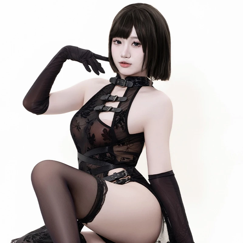 AniLV 섹시한 시스루 치파오 란제리 애니메이션 히로인 전투 유니폼 중국 치파오 드레스 잠옷 에로틱 코스튬 코스프레