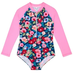 2024 Summer European And American Style Children Long Sleeves bathing Suit 4-12Years Girls Broken Flowers One-piece Swimsuit